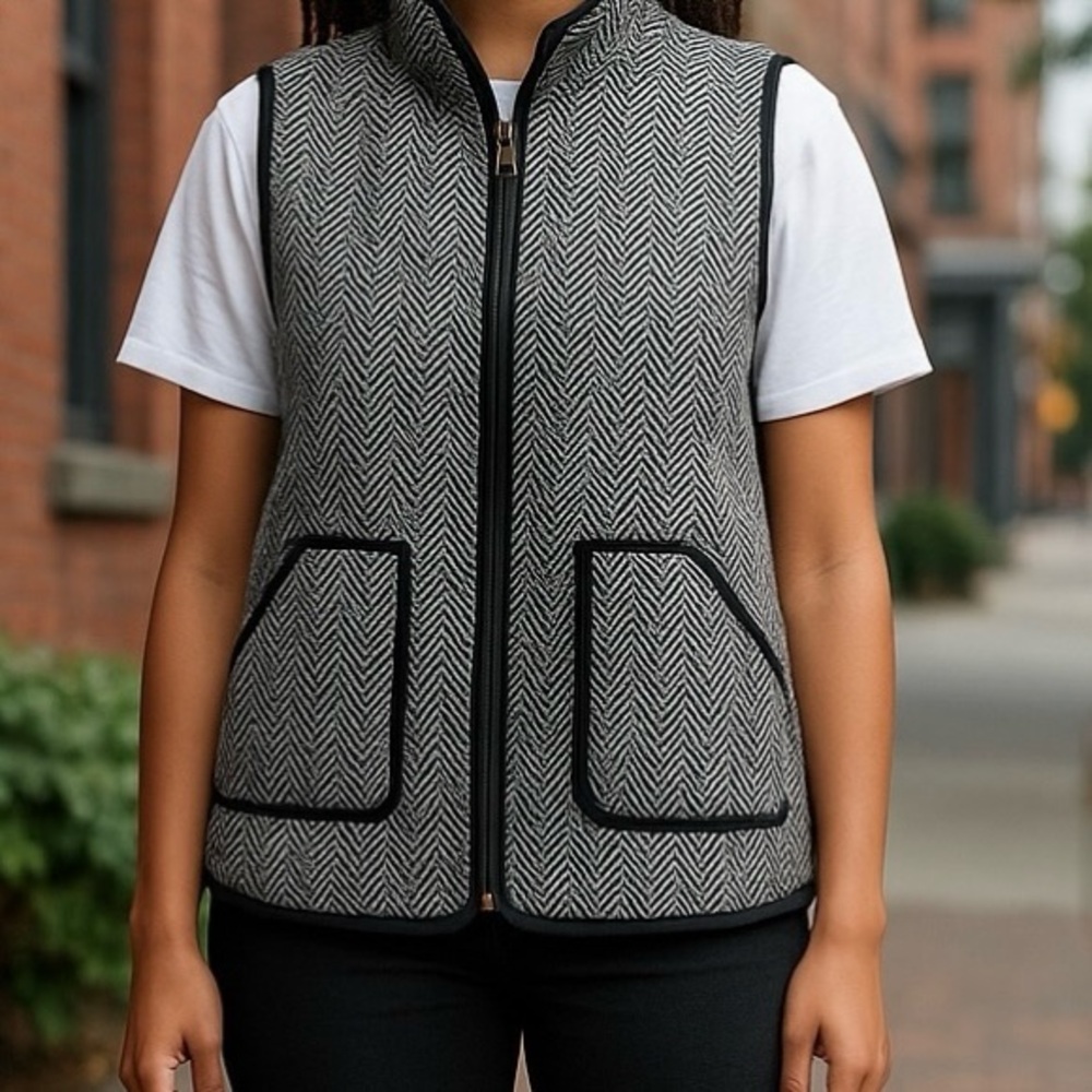 Katydid Black‎ White Herringbone Quilted Vest Pockets Zip Closure Womens Medium